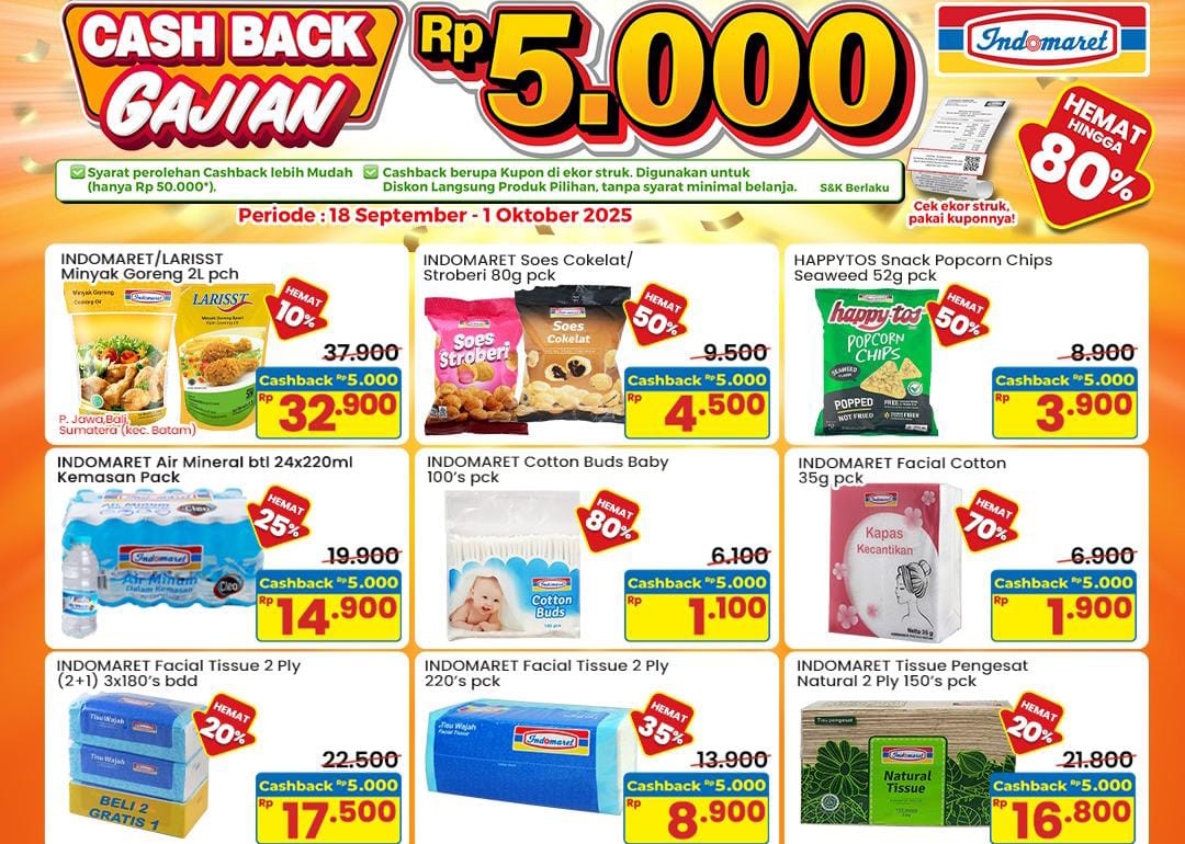 Promo Indomaret Spesial Cashback Bikin Untung! Diskon Gajian Hingga 80 Persen