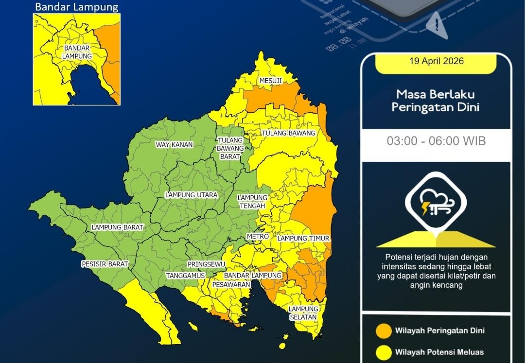 Waspada! Hujan Lebat Disertai Petir dan Angin Kencang Ancam Bandar Lampung hingga Metro