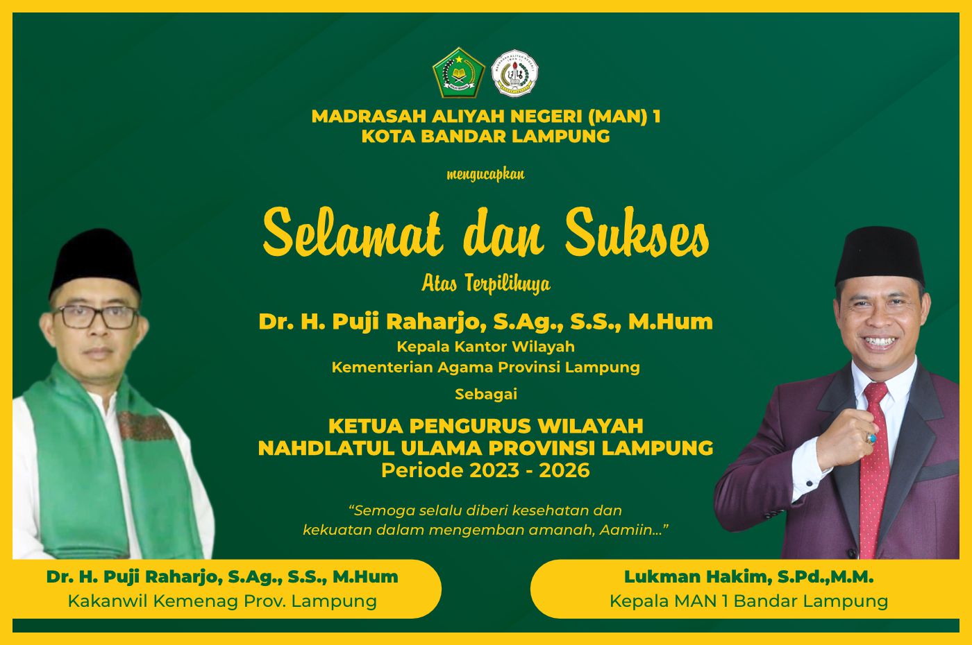Selamat Atas Terpilihnya Dr H Puji Raharjo Sebagai Ketua Pengurus Wilayah Nahdlatul Ulama Provinsi Lampung