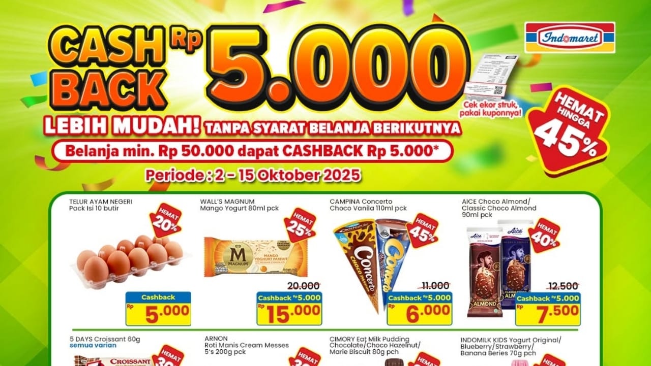 Promo Indomaret Hari Ini, Dapatkan Diskon Cashback Langsung Rp5 Ribu!