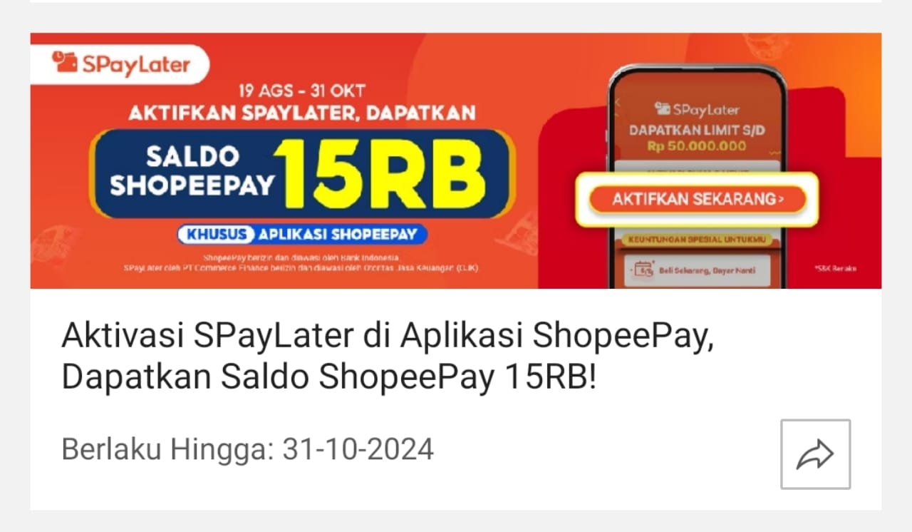 Aktifkan SPayLater Sekarang, Dapatkan Saldo ShopePay Rp15 Ribu, Begini Caranya