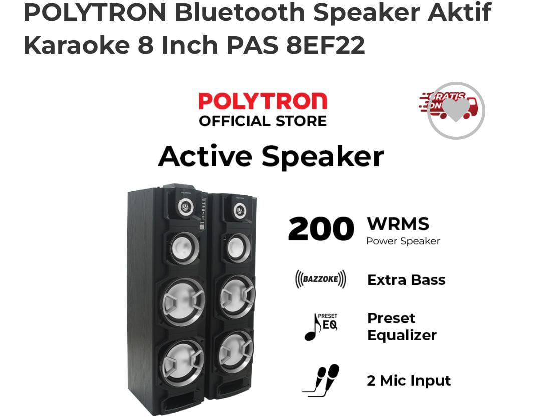 Speaker Aktif Super Bass Polytron PAS 8EF22, Fitur Lengkap 3-Band Digital Tone Control