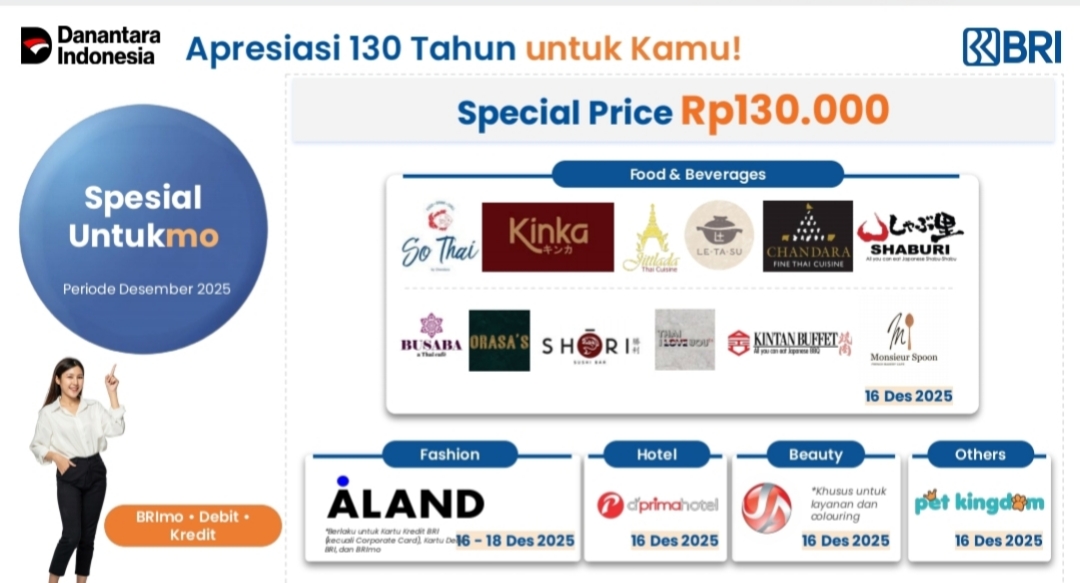 Liburan Asyik Dengan Promo Hut BRI ke -130, Dapatkan Spesial Price Rp 130 Ribu, Mulai dari Food hingga hotel