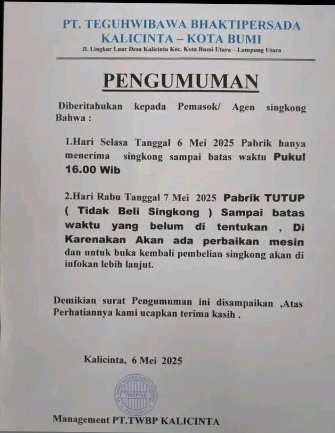 Berdalih Kerusakan Mesin, Salah Satu Perusahaan Singkong Tutup