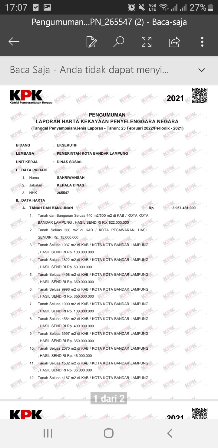 Tak Punya Hutang, KPK Rilis Total Kekayaan Eks Kadis DLH Kota Bandar Lampung