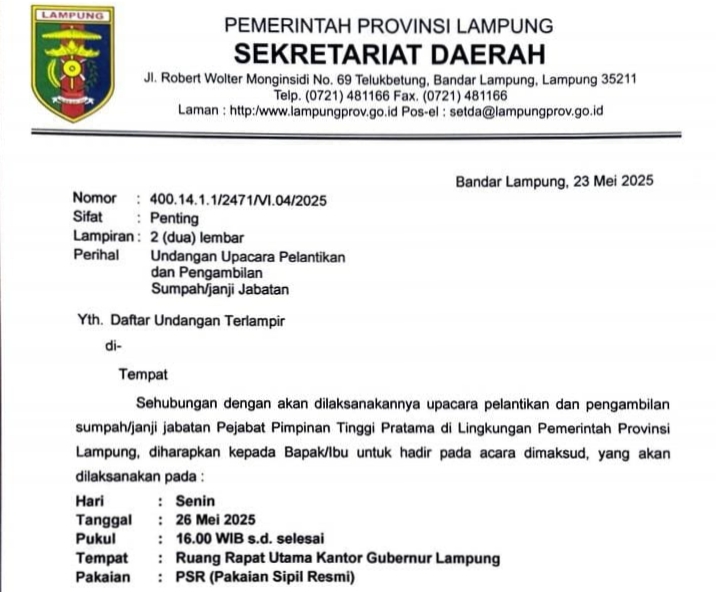 Hari Ini, Pemprov Lampung Dikabarkan Akan Lantik Pejabat Eselon II