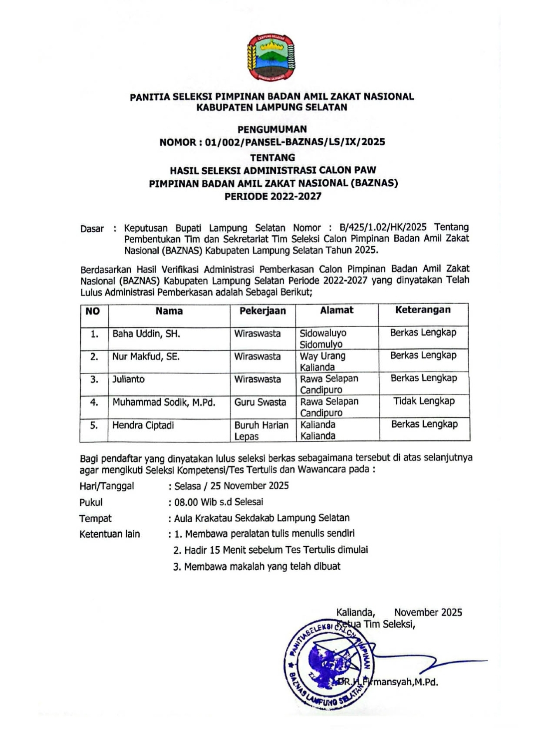 PENGUMUMAN HASIL SELEKSI ADMINISTRASI CALON PAW PIMPINAN BAZNAS PERIODE 2022-2027