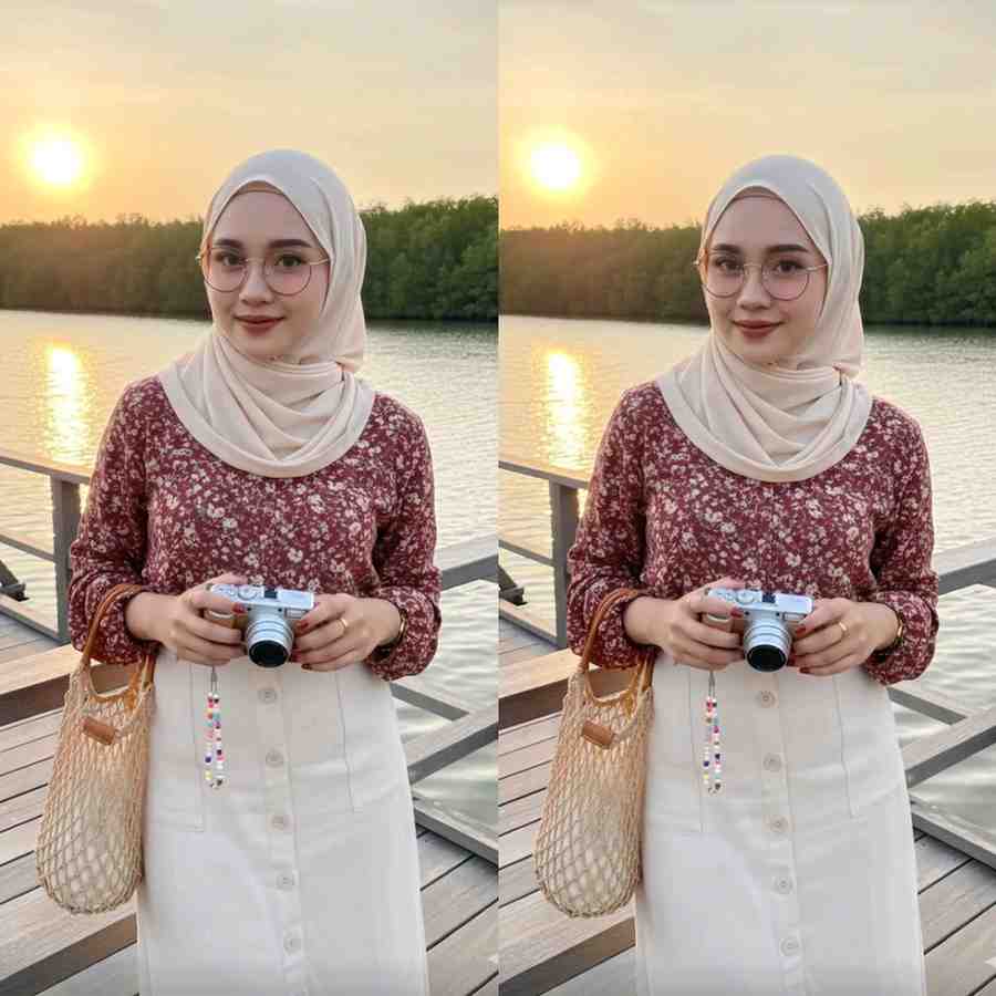 Nuansa Senja di Pantai Bikin Terpukau, Potret Wanita Berhijab Ini Ternyata Hasil Prompt Gemini AI