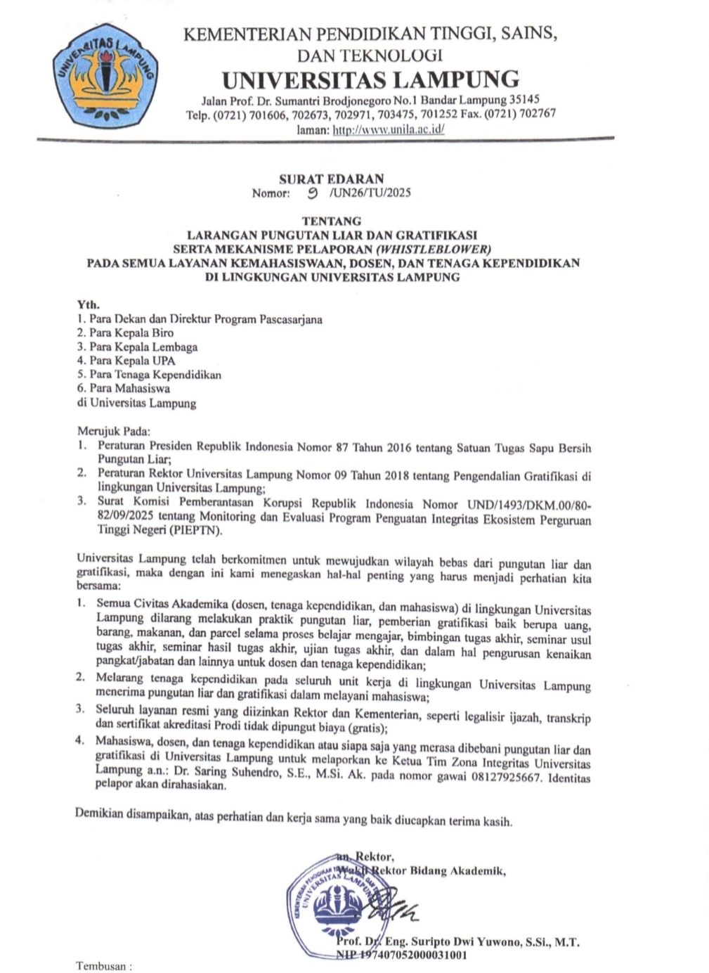 Unila Keluarkan Surat Edaran Larangan Pungli, Gratifikasi dan Mekanisme Pelaporan Semua Layanan