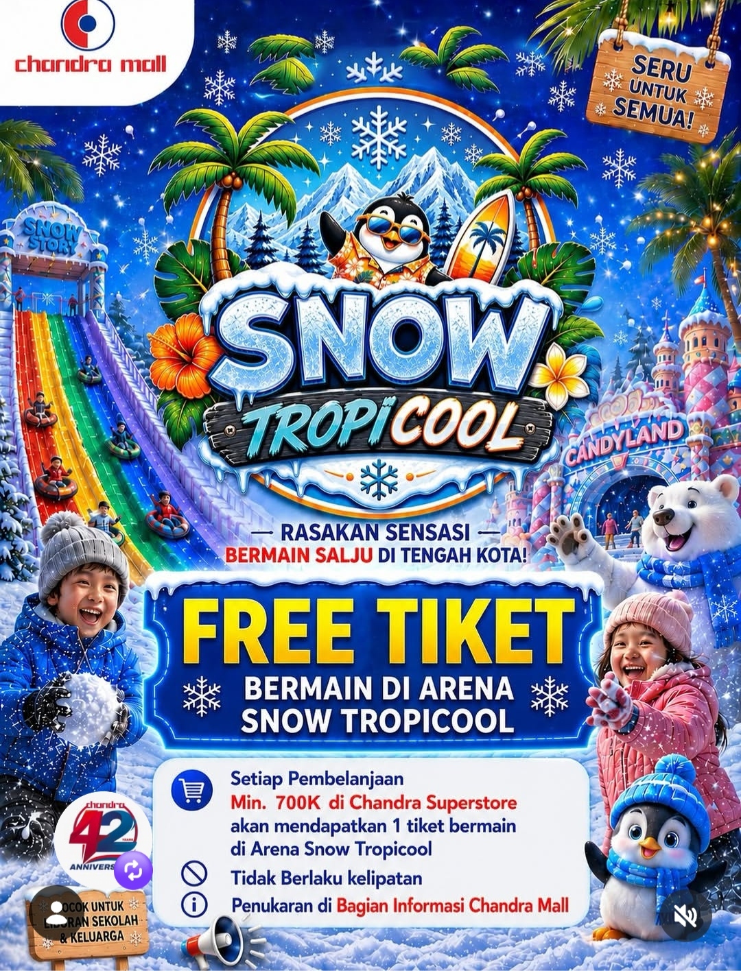Sambut Libur Sekolah, Chandra Mall Hadirkan Snow Tropicool, Belanja Rp700 Ribu Gratis Tiket Bermain Salju