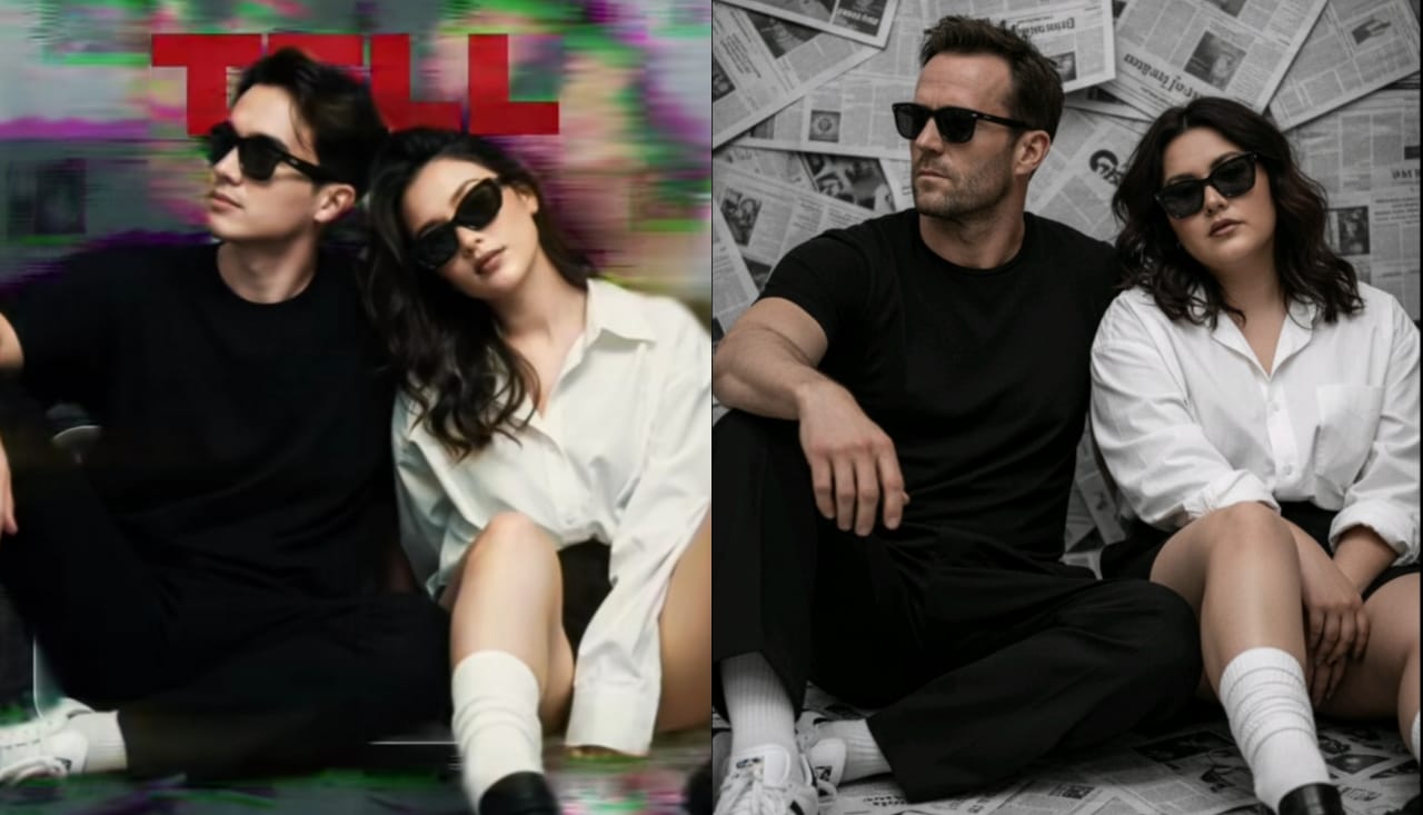 Prompt AI Untuk Potret Sinematik Bersama Pasangan dengan Latar Koran Hitam Putih