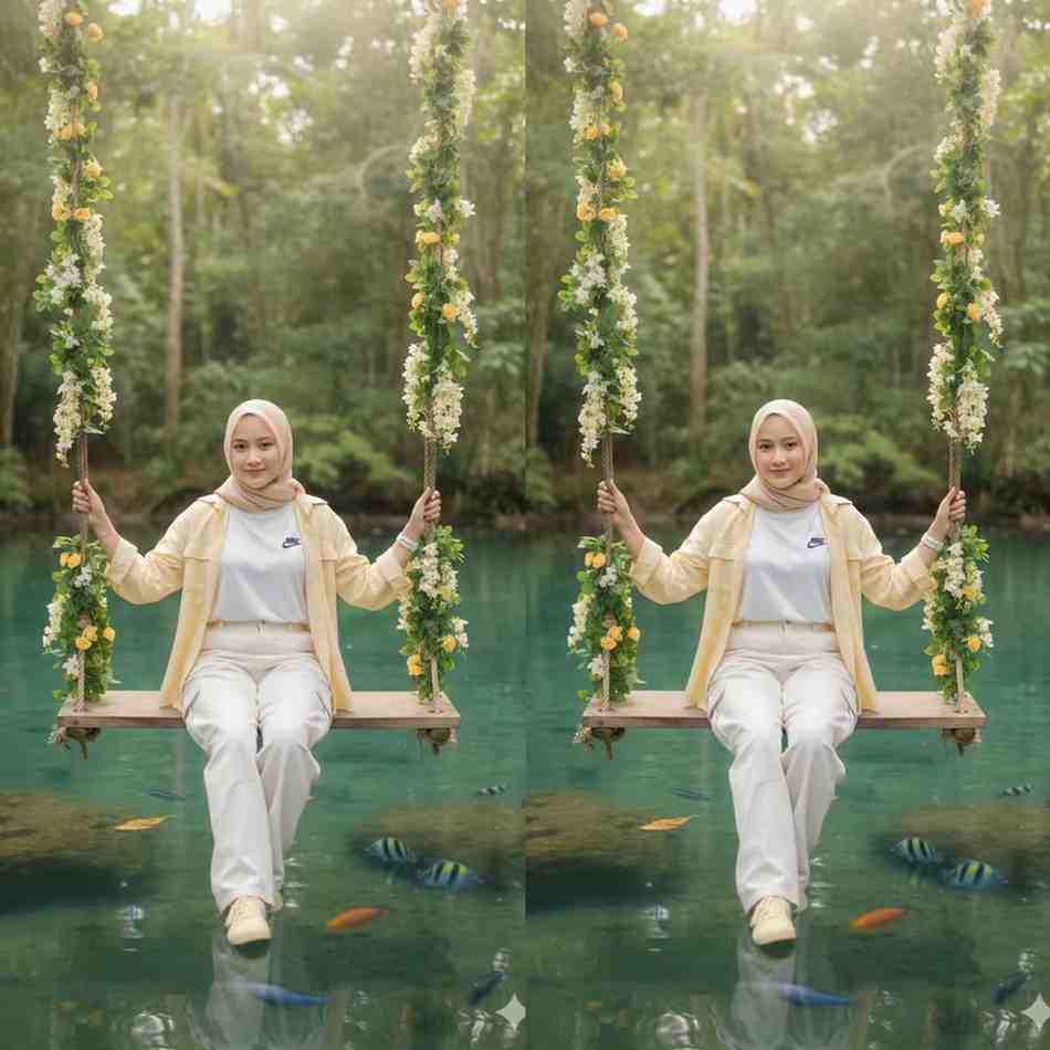Viral! Hasil Prompt Gemini AI Ini Bikin Keren: Wanita Berhijab Duduk Tenang di Ayunan di Atas Air & penuh ikan