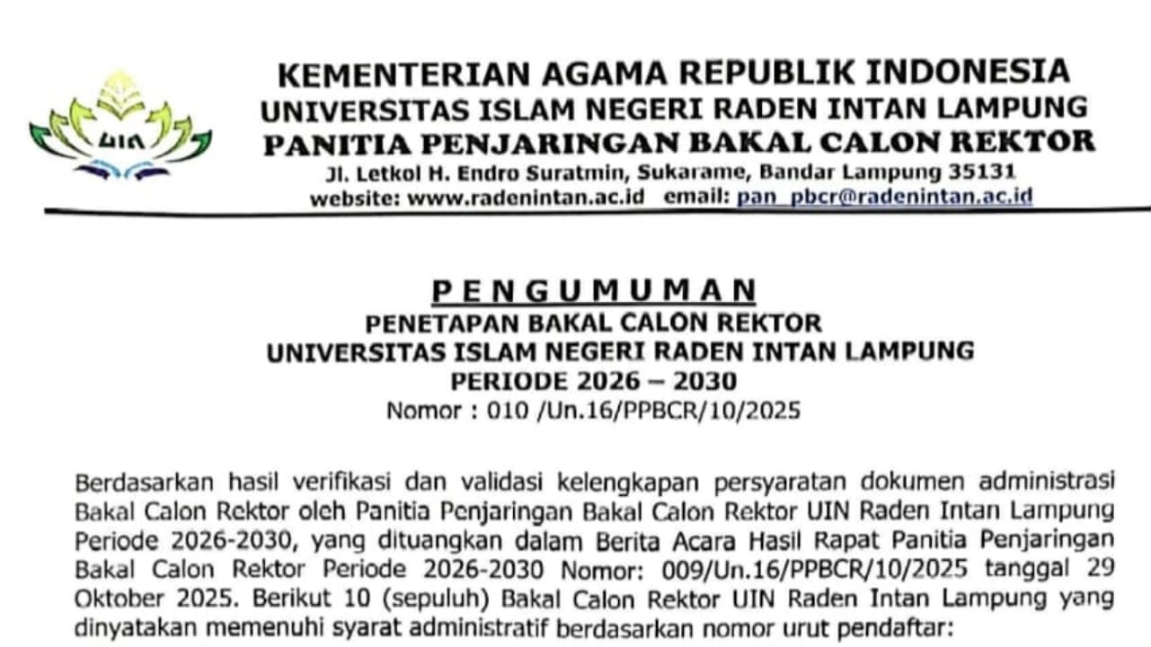 10 Nama Guru Besar Resmi Ditetapkan sebagai Bakal Calon Rektor UIN RIL Periode 2026- 2030