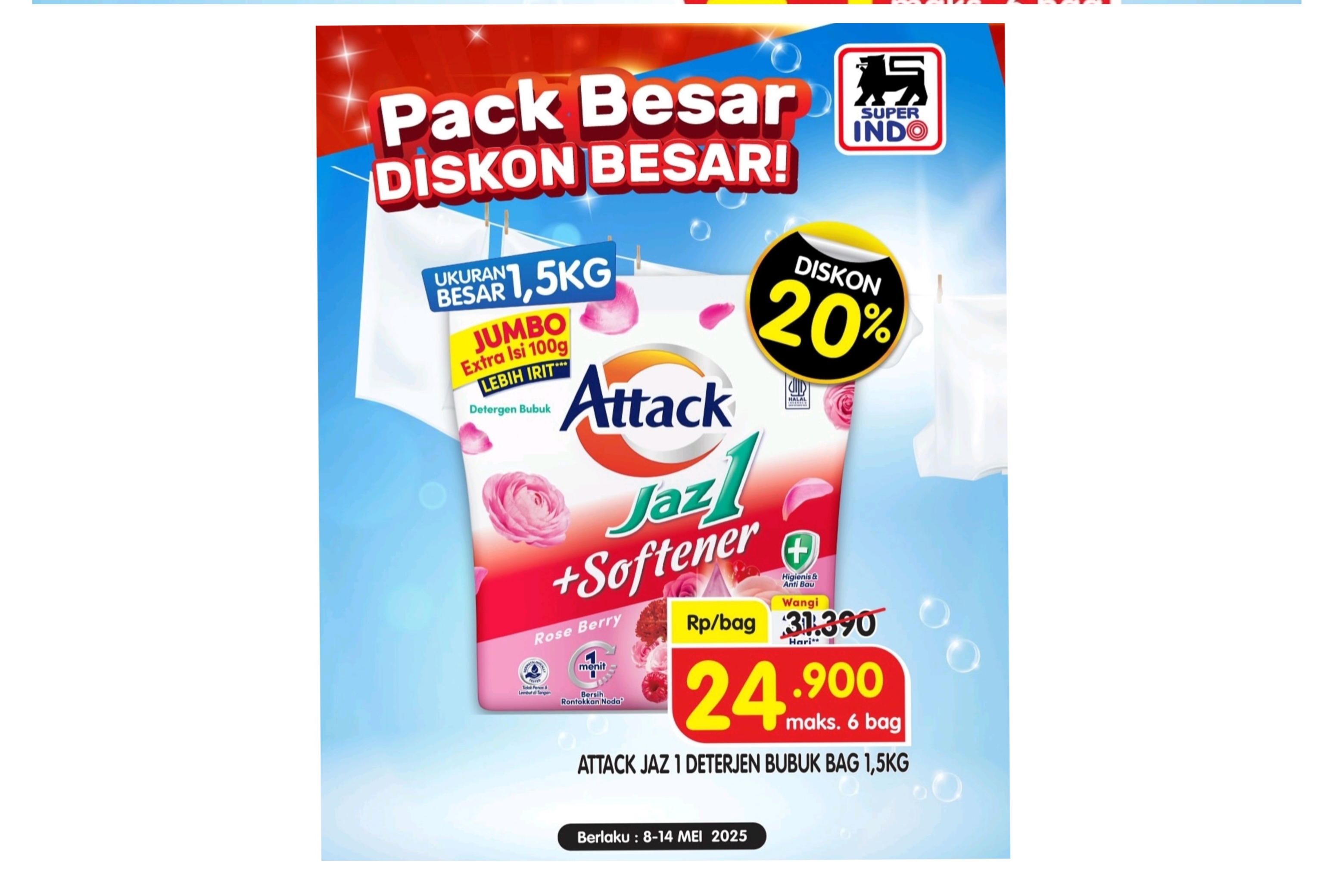 Promo Home Care Superindo Sampai Besok, Dapatkan Belanja Murah Deterjen Attack Bubuk 1.5 Kg
