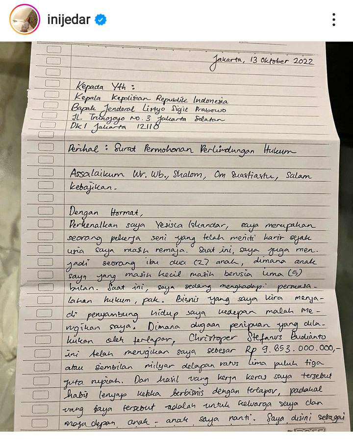Minta Keadilan Hukum, Jessica Iskandar Tulis Surat untuk Kapolri
