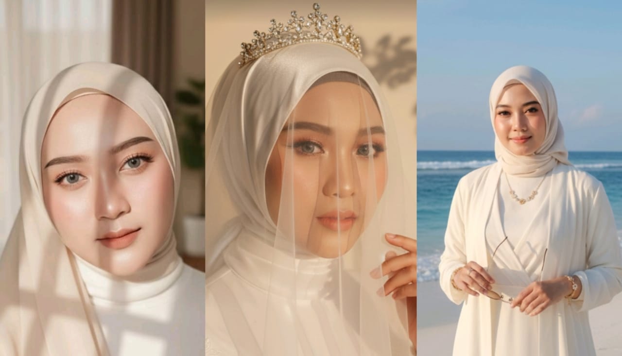 Prompt Gemini AI Versi Wanita Berhijab Dengan Gaun Putih