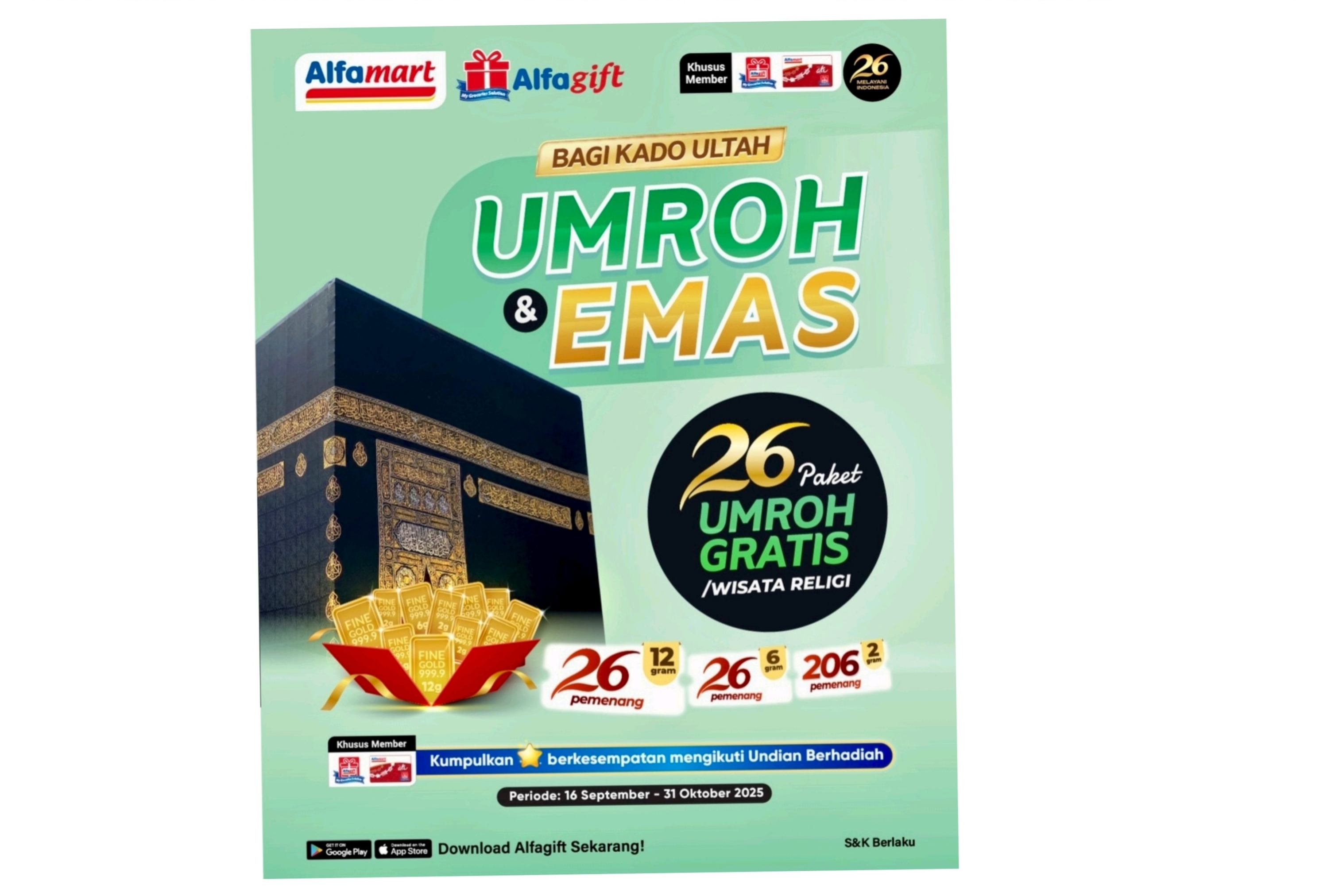 Jangan Terlewat ! Program Rayakan Ulang Tahun ke 26 Alfamart Dengan Grand Prize Spektakuler : Umroh dan Emas