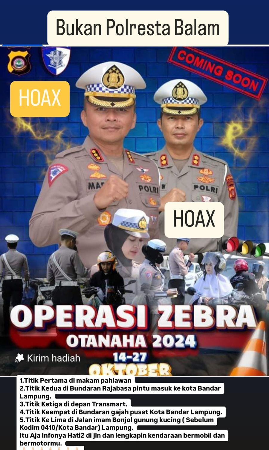 Kasat Lantas Polresta Bandar Lampung Klarifikasi Hoax Operasi Zebra Otanaha 2024, Masyarakat Diimbau Waspada