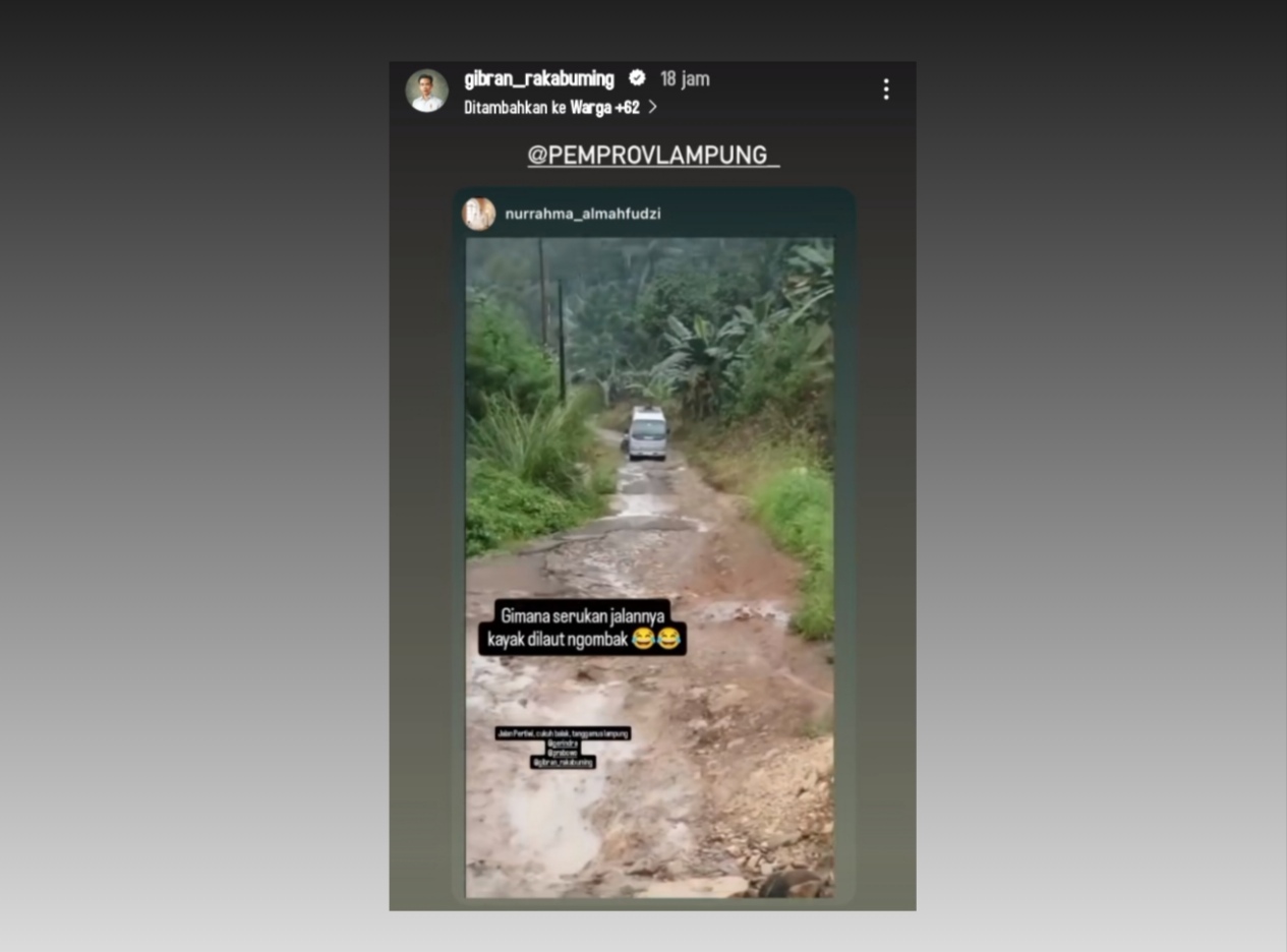 Viral, Wapres Gibran Repost Video Instastory Jalan Rusak di Lampung