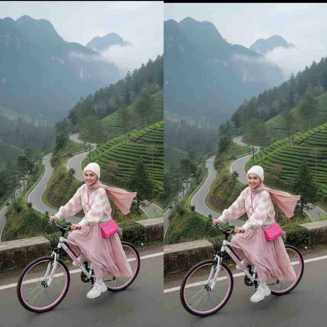 Prompt Gemini AI Suguhkan Potret Realistis Pesepeda Berhijab Melintasi Pegunungan Berkabut, Nuansa Pink Pastel