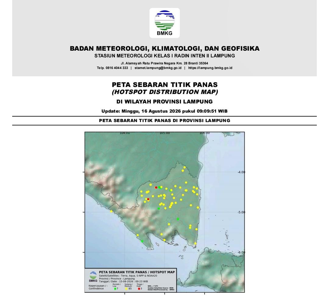 BMKG Rilis Update 95 Titik Panas dan Prakiraan Cuaca Lampung 16 Agustus 2026 