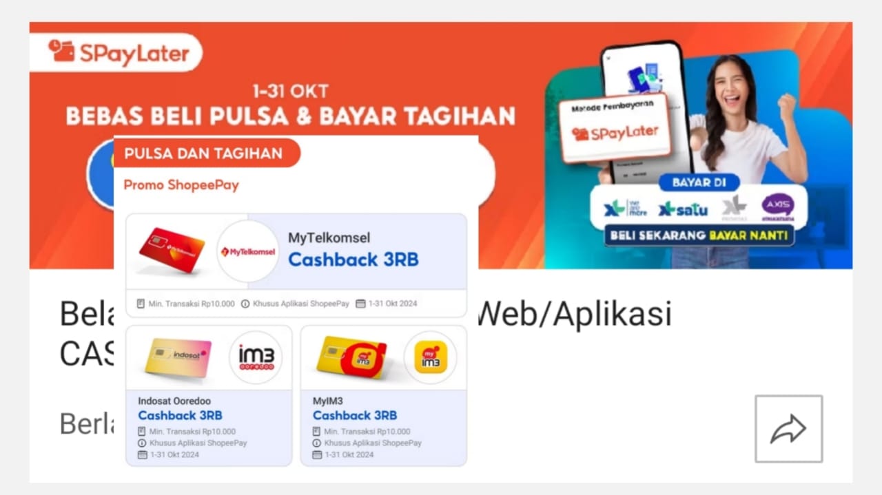 Promo ShopeePay Hari Ini, Dapatkan Cashback 100 Persen Bebas Beli Pulsa dan Bayar Tagihan Sebulan Penuh