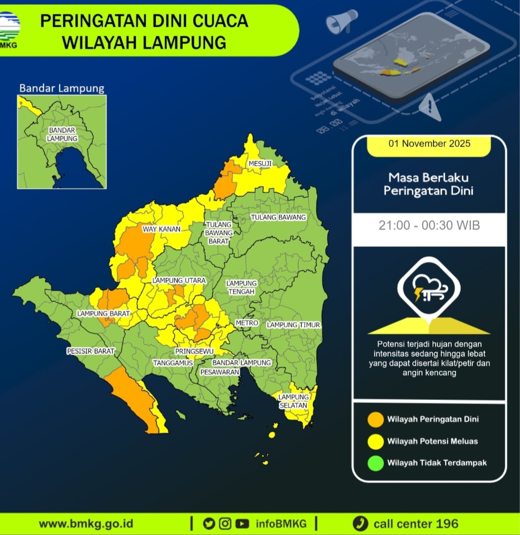 Kecuali Bandar Lampung, BMKG Lampung Sebut Wilayah Ini Bakal Hujan Lebat Dari Sabtu Malam - Minggu Dini Hari