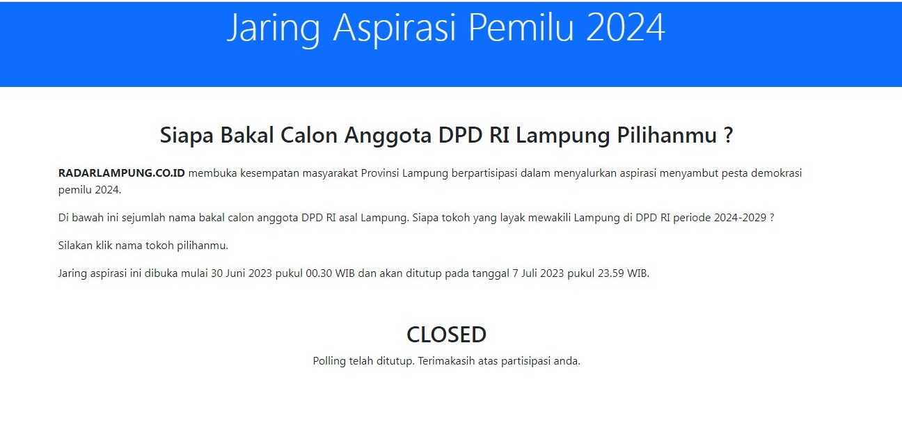 Jaring Aspirasi Balon DPD Lampung Ditutup,  Diikuti 46.614 Voters,  Ini Hasil Lengkapnya
