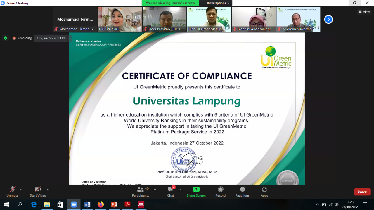 Unila Raih Certificate of Compliance dan UI GreenMetric Trees Rating 2022