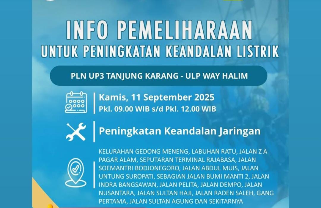 Jadwal Pemadaman Listrik Lampung Kamis 11 September 2025, Ini Daftar Lokasinya