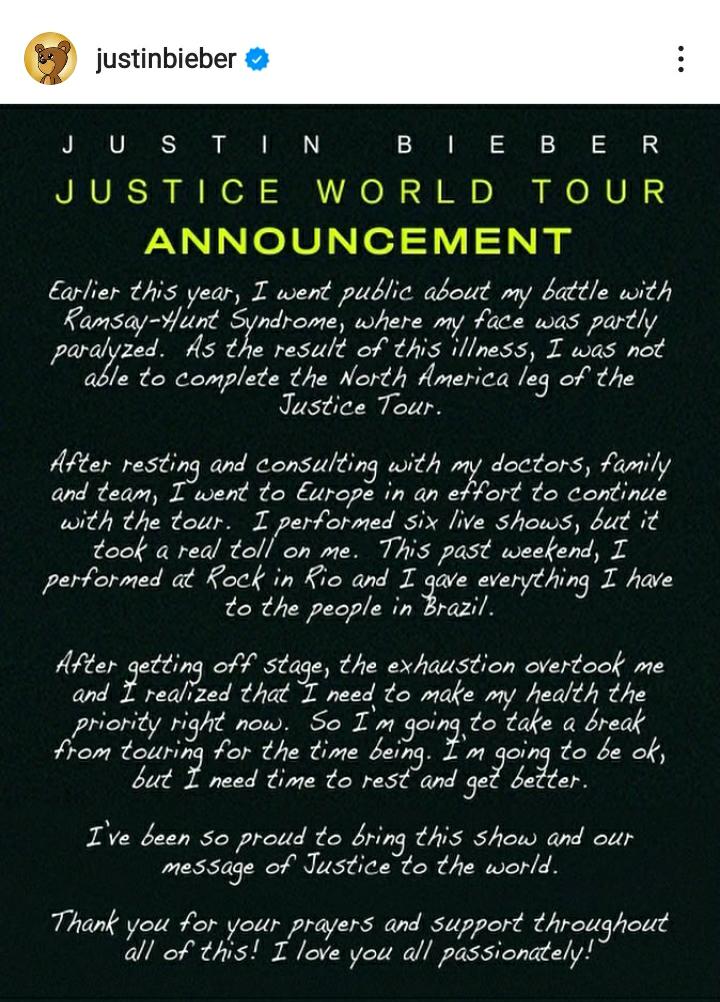 Terkena Ramsay Hunt Syndrome, Justin Bieber Tunda World Tour Concert