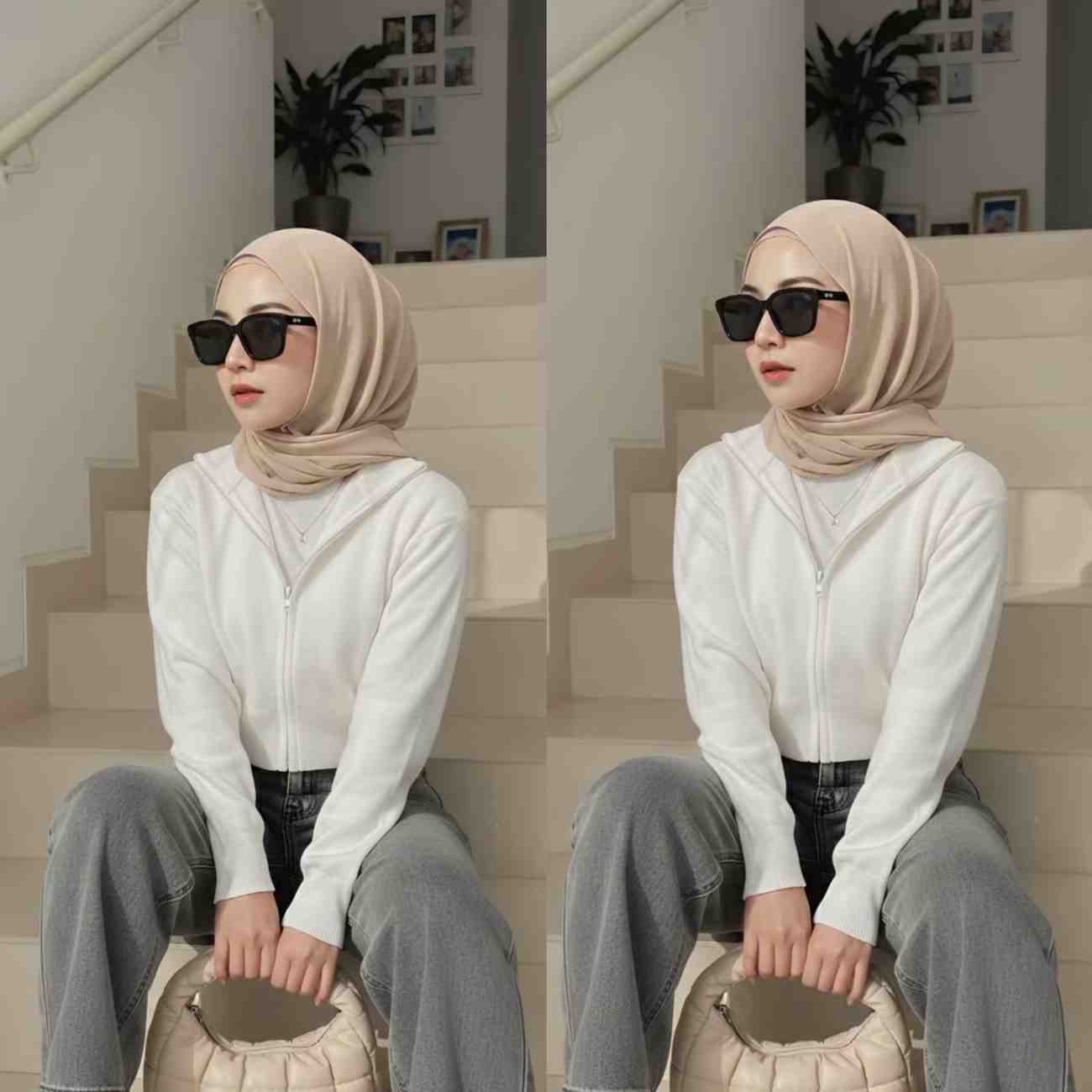 Potret Hijabers Candid Duduk di Tangga Bernuansa Kamera 90-an Karya Gemini AI