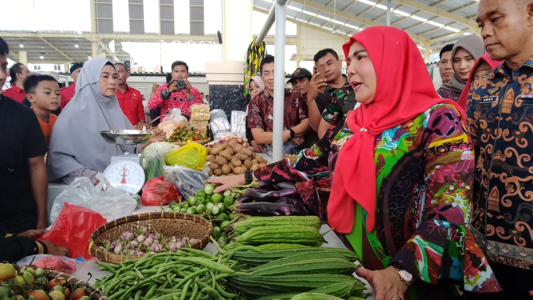 Resmikan Pasar Raya Lebak Budi, Bunda Eva Borong Sayuran Terong Kesukaannya 