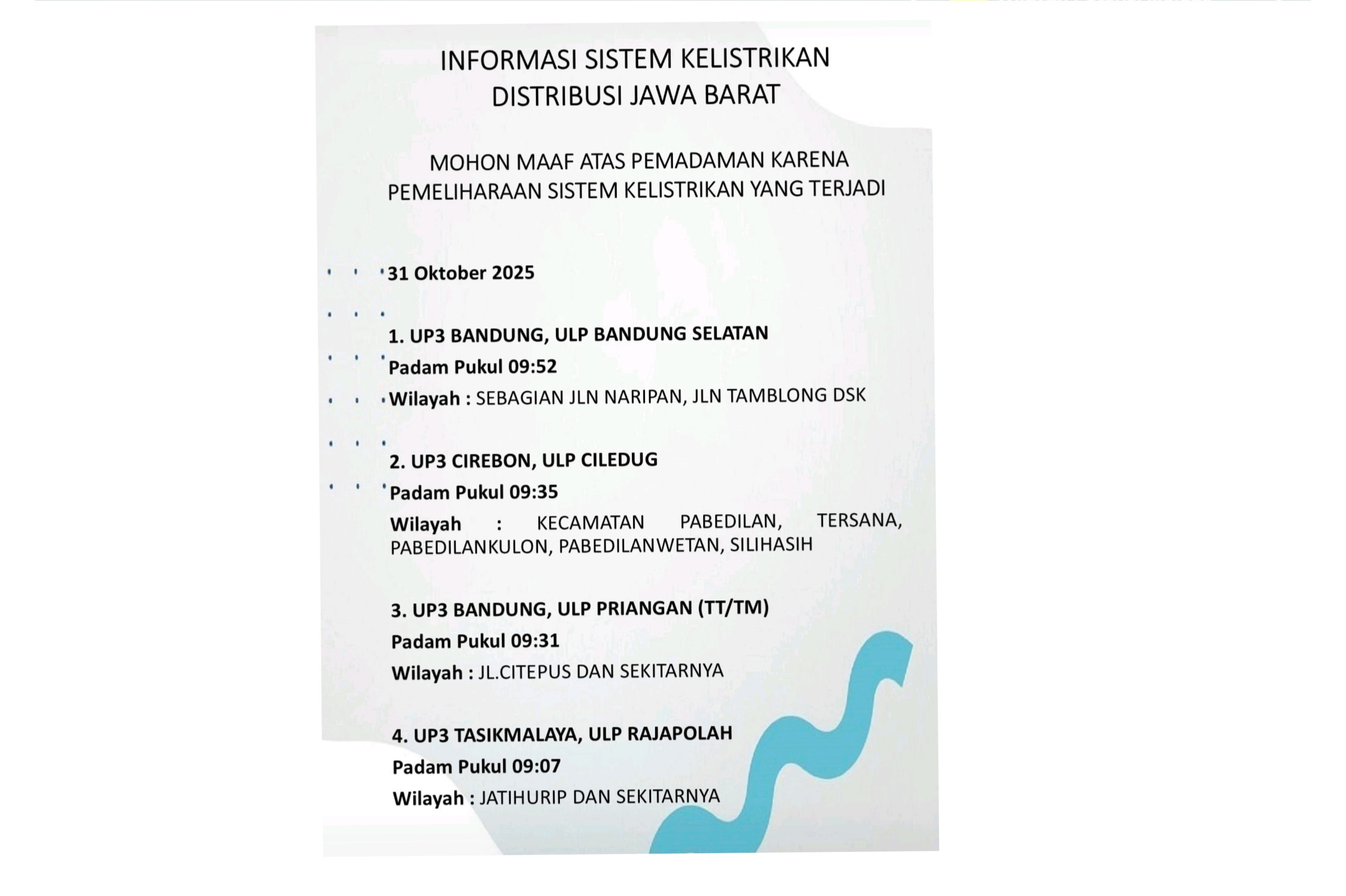 Bukan Di Lampung ! Pemadaman Listrik Terjadi Di Beberapa Wilayah Indonesia Pada 31 Oktober 2025, Ini Lokasinya