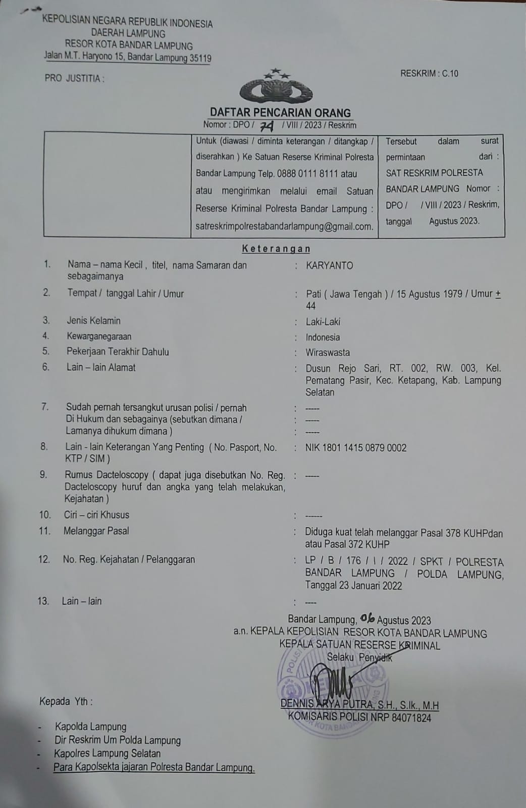 Polresta Bandar Lampung Terbitkan DPO untuk Karyanto yang Diduga Lakukan Penipuan Terhadap Juansah