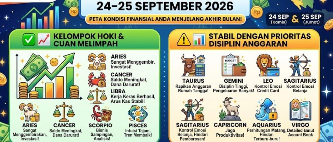 Ramalan Zodiak Keuangan 24–25 September 2026: Aries hingga Pisces Cuan Melimpah atau Harus Hemat?