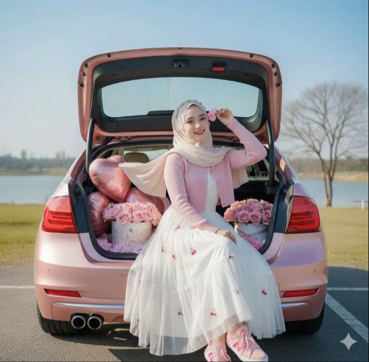 Mirip Pemotretan Profesional, Foto Wanita Berhijab dengan BMW Pink Ini Rupanya Hasil Gemini AI