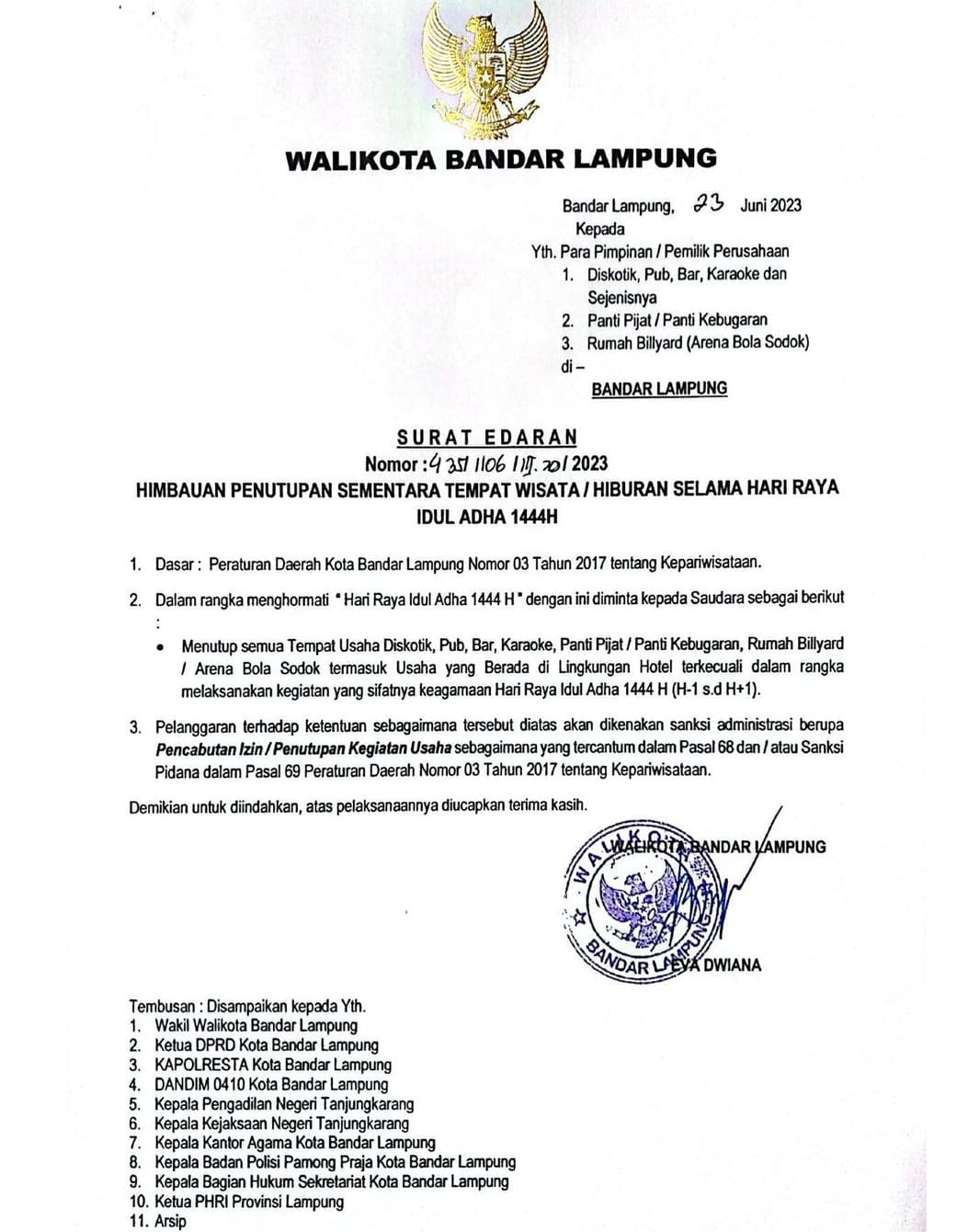 Walikota Bandar Lampung Keluarkan SE Penutupan Sementara Tempat Hiburan H-1 hingga H+3 Idul Adha