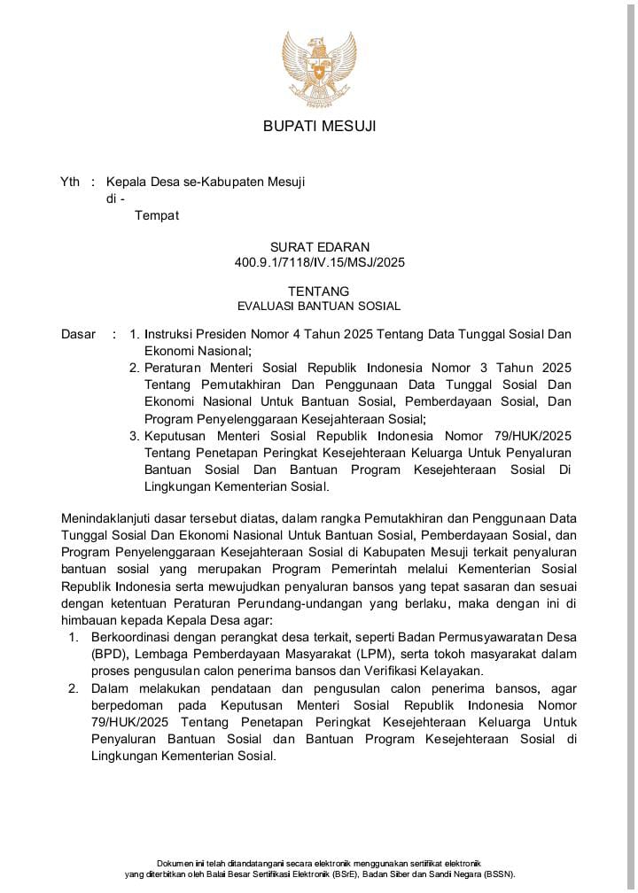 Pemkab Mesuji Terbitkan Surat Edaran Evaluasi Bansos ke Seluruh Desa