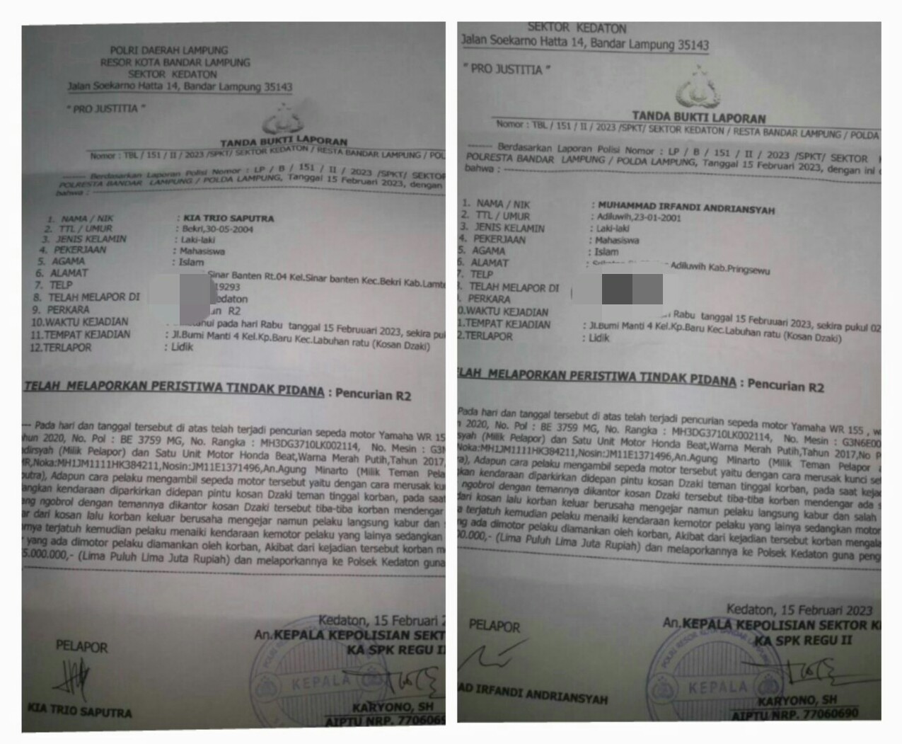 Terlibat Curanmor, Oknum Polisi Bertugas di Polres Lamtim Terancam PTDH