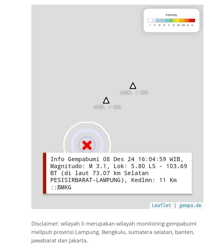 Tahun 2024, BMKG Catat Ratusan Kali Gempa di Lampung