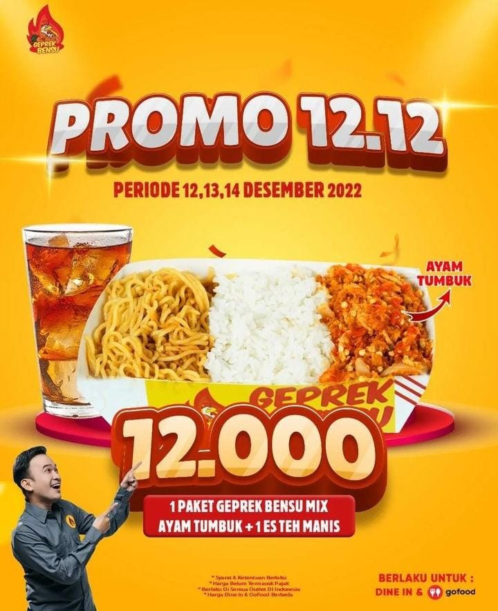 Geprek Bensu Promo 12.12 Hingga 14 Desember 2022, 1 Paket Mix Ayam Tumbuk Plus 1 Es Teh Manis Hanya Rp 12 Ribu