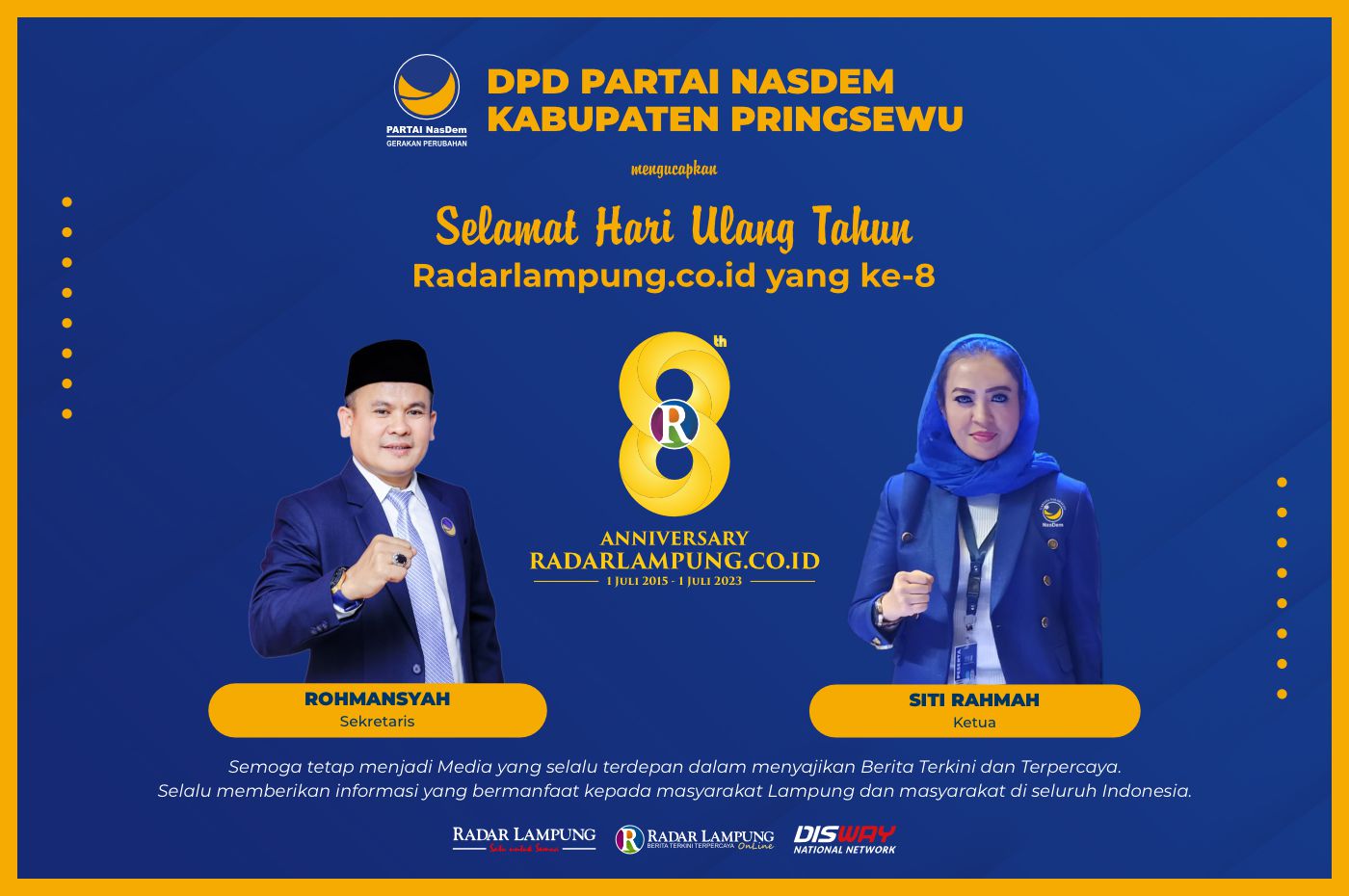 DPD Partai NasDem Kabupaten Pringsewu: Selamat HUT ke-8 Radar Lampung Online