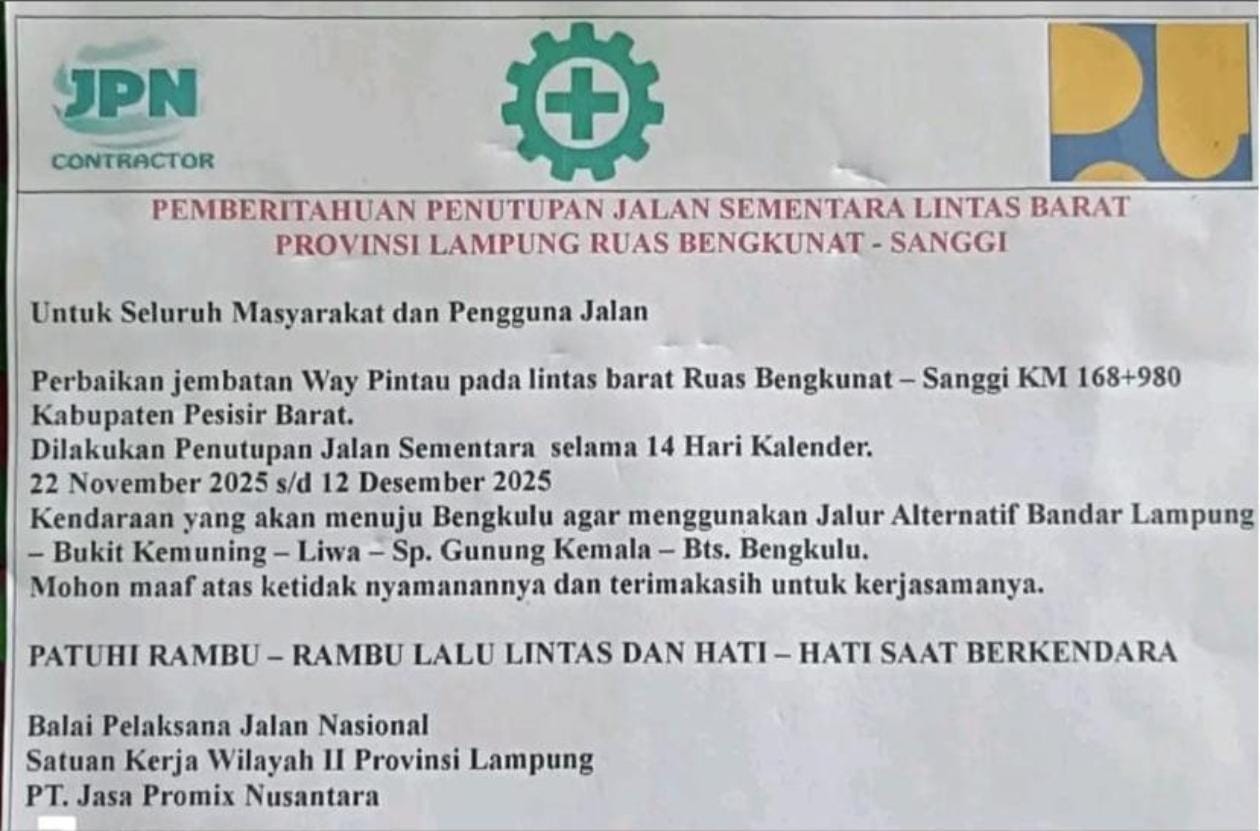 Ruas Jalinbar Bangkunat–Sanggi Ditutup Sementara Mulai 22 November