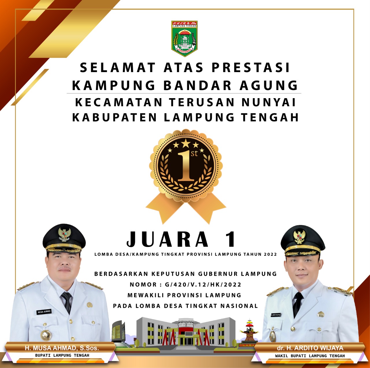 Selamat ! Kampung Bandar Agung Juara 1 Lomba Desa Tingkat Provinsi Lampung