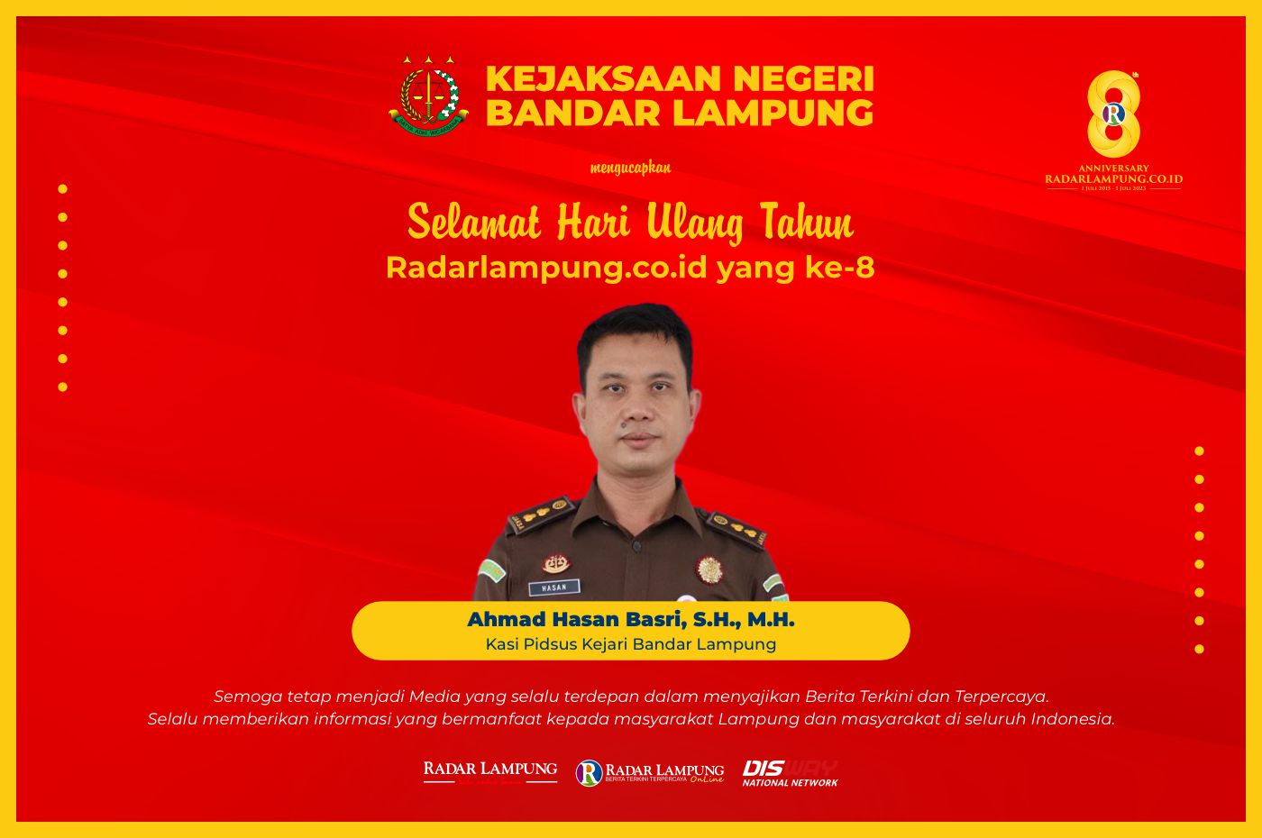 Kejari Bandar Lampung: Selamat Ulang Tahun ke-8 Radar Lampung Online