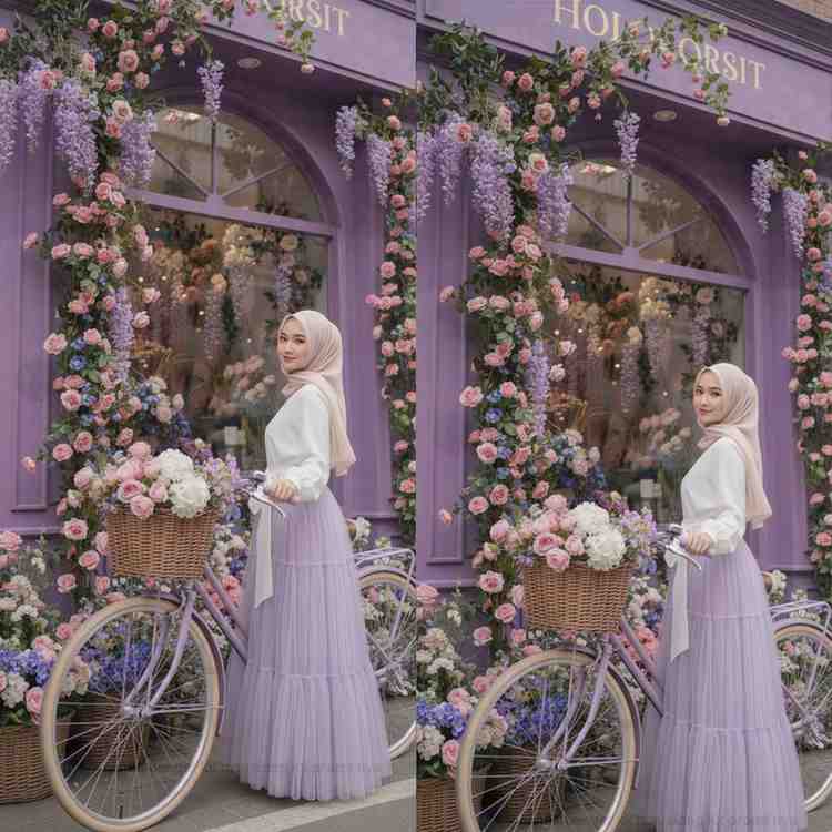 Gemini AI Ciptakan Potret Floral Aesthetic: Hijabers Tampil Anggun di Depan Toko Bunga Ungu Pastel!