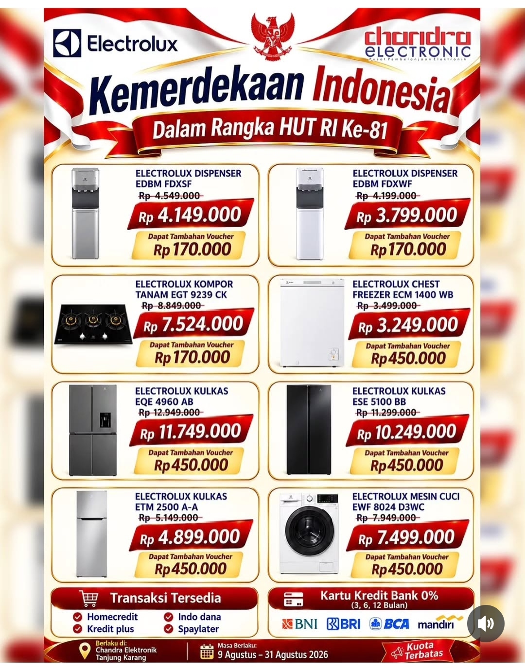 Promo Kemerdekaan, Chandra Electronic Tebar Diskon Electrolux dan Voucher Jutaan Rupiah 