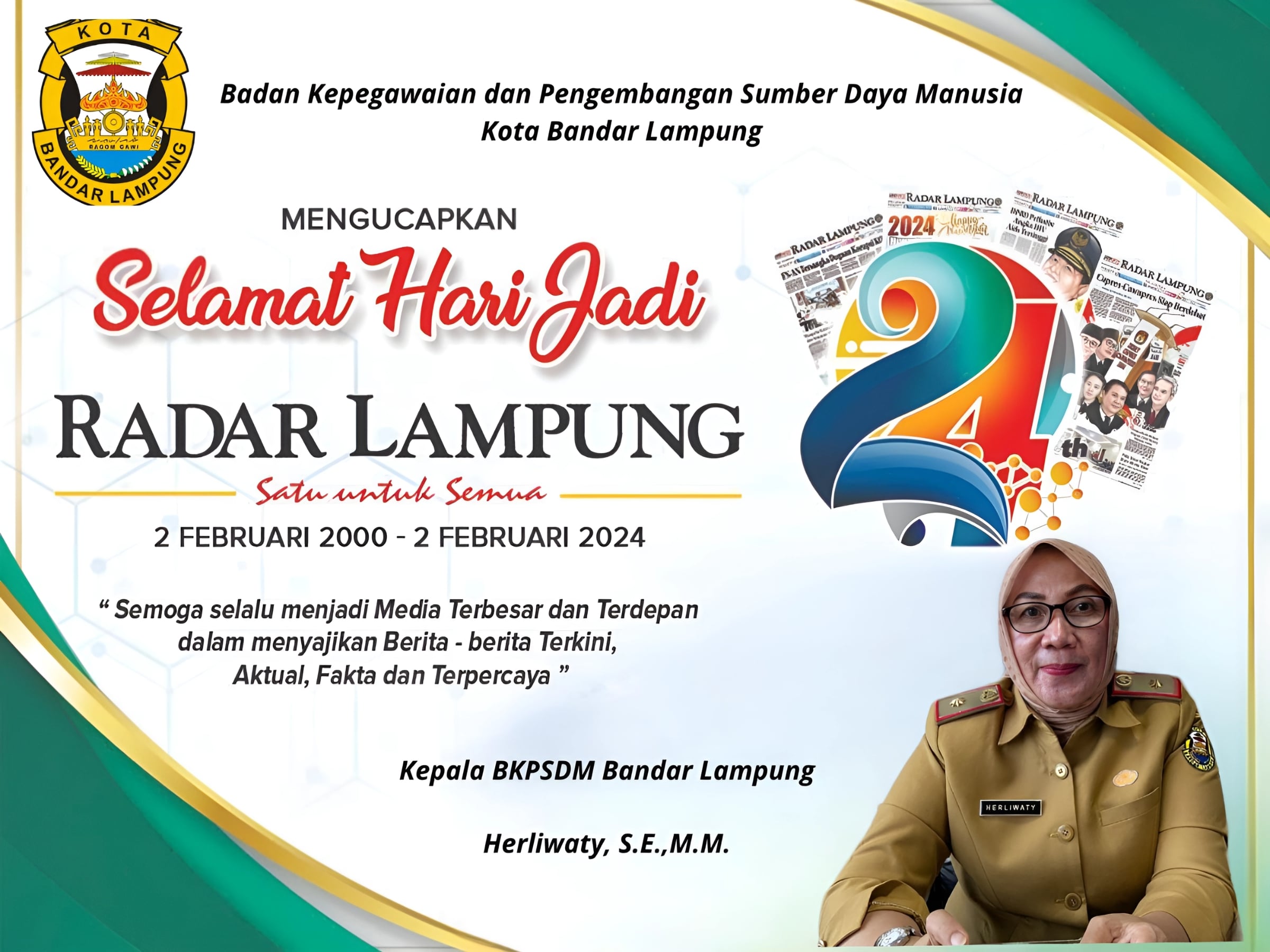 Kepala BKPSDM Kota Bandar Lampung: Selamat HUT ke 24 Radar Lampung! 