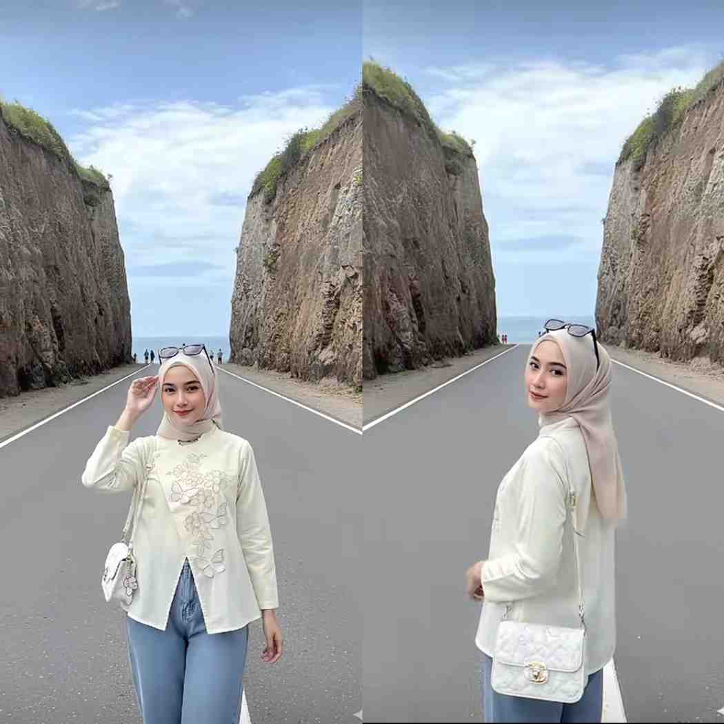 Prompt Gemini AI Ciptakan Potret ala Liburan Wisata Travel Photography di Jalan Aspal Diapit Tebing Dramatis